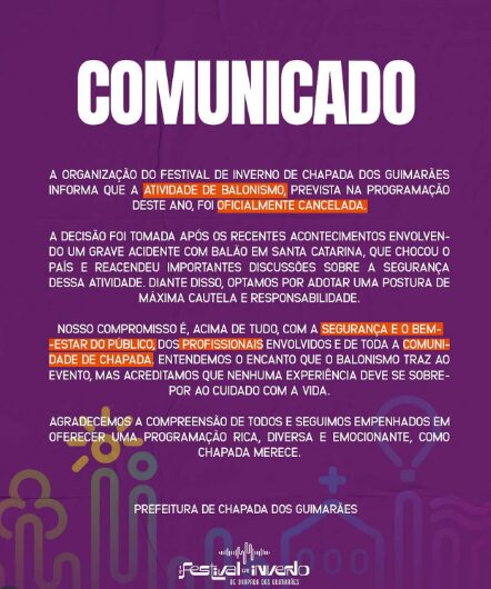 Festival de Inverno de Chapada cancela balonismo após tragédia em SC